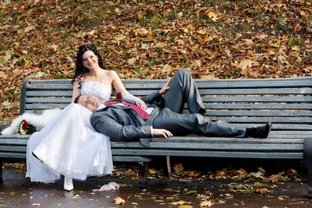 Happy bride and groom on their wedding dayの写真素材