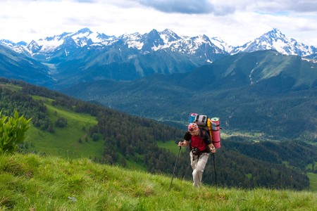 Hiker in Caucasus mountainsの写真素材