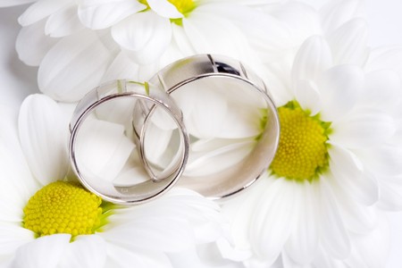 wedding rings with bouquetの写真素材