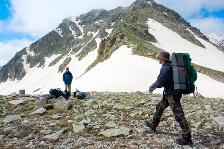 Hiker in Caucasus mountains