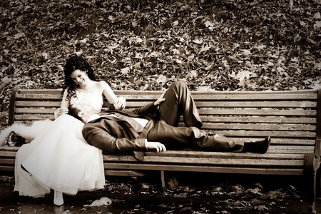 Happy bride and groom on their wedding dayの写真素材