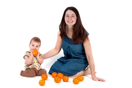 boy and mother at studioの写真素材