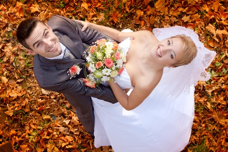 Bride and groom on their wedding dayの写真素材