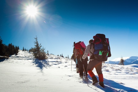 Hiker in winter mountainsの写真素材