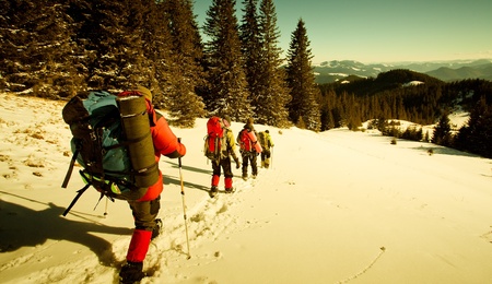 Hiker in winter mountainsの写真素材