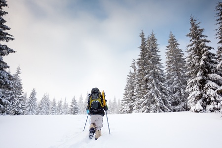 Hiker in winter in mountainsの写真素材
