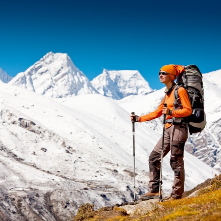 Hiking in Himalaya mountainsの写真素材