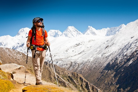 Hiking in Himalaya mountainsの写真素材