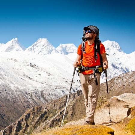 Hiking in Himalaya mountainsの写真素材