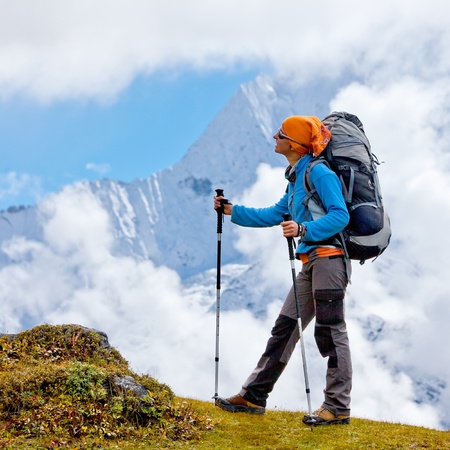 Hiking in Himalaya mountainsの写真素材