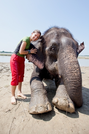 Bathing with elephantの写真素材