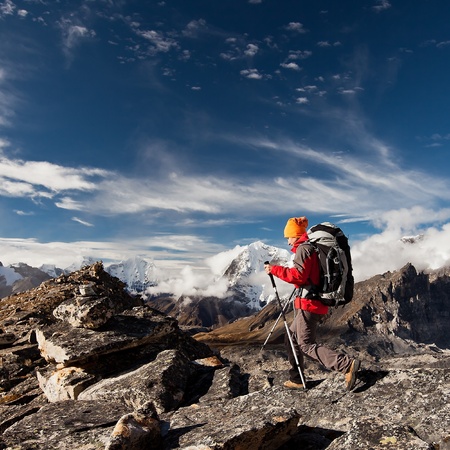 Hiking in Himalaya mountainsの写真素材