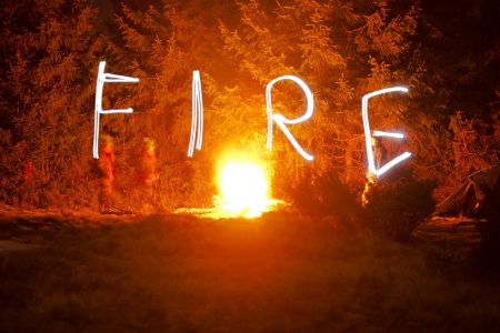 Drawing word fire with light in nightの写真素材