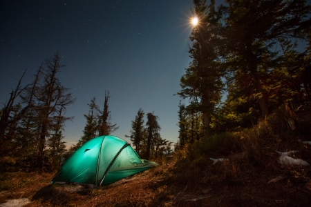 Tent illuminated with light in night forestの写真素材