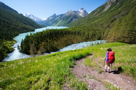 Hiker in Altai mountains, Russian Federationの写真素材