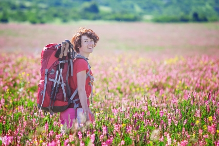 Hiker in Altai mountains, Russian Federationの写真素材