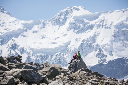 Hiker near Belukha Mountain, the highest in Siberiaの写真素材
