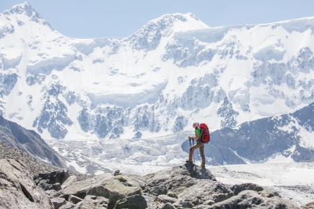 Hiker near Belukha Mountain, the highest in Siberiaの写真素材