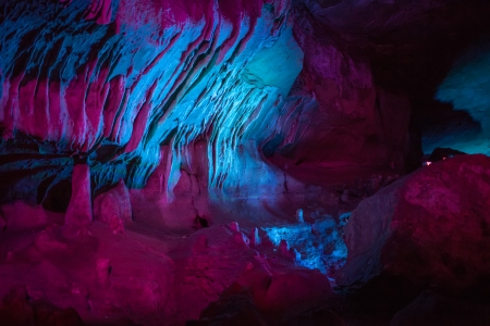 Sataplia cave in Georgia lit by different colorsの写真素材