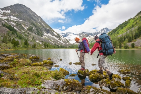 Hiker in Altai mountains, Russian Federationの写真素材