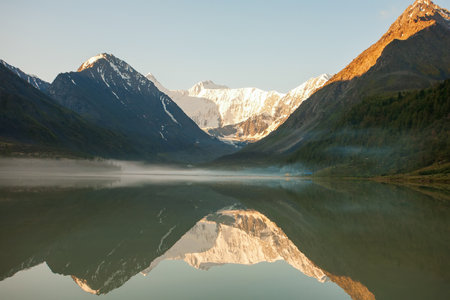 Beautiful mountain lake with reflection of nearest mountainsの写真素材