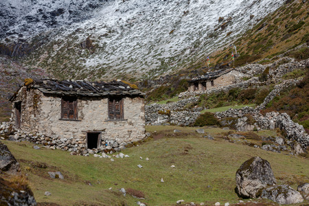 Old stone nepalese houses in Hymalayas in Khumbu regionのeditorial素材