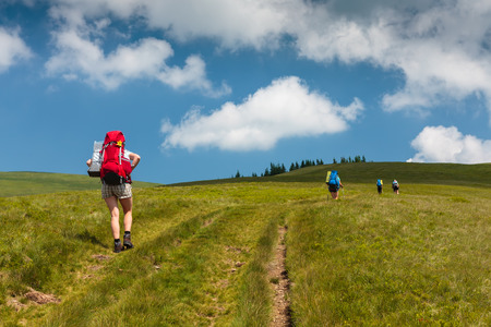 Young people are hiking in Carpathian mountains in summertimeの写真素材