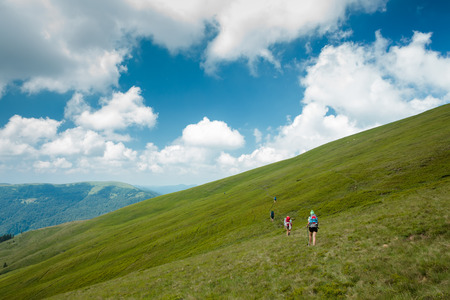 Young people are hiking in Carpathian mountains in summertimeの写真素材