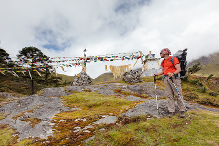 Hiker walks on train in Himalayasの写真素材
