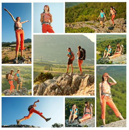 Two women is trekking in the Crimea mountains with backpacksの写真素材