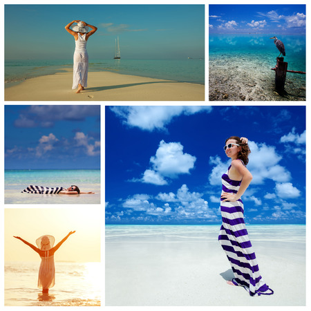 Caucasian woman rests at beautiful seashoreの写真素材