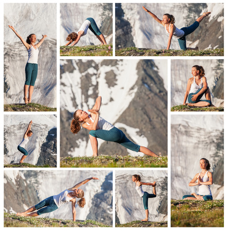 Young woman is practicing yoga in high mountainsの写真素材