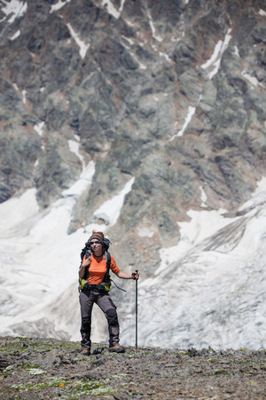 Hikers in Caucasus mountains of Zemo (upper) Svaneti, Georgiaの写真素材