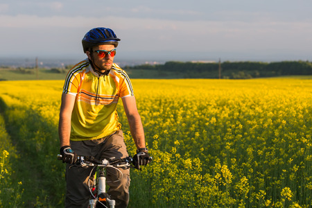 Mtb biker is cycling in yellow rapeseed fieldの写真素材