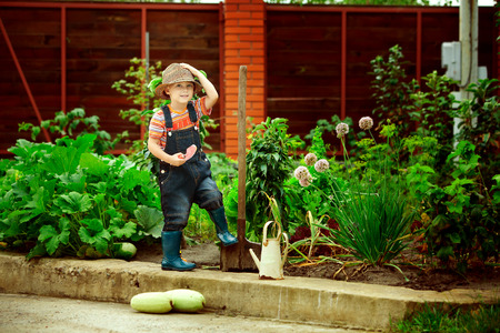 Portrait of a boy working in the garden in holidayの写真素材