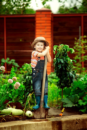 Portrait of a boy working in the garden in holidayの写真素材