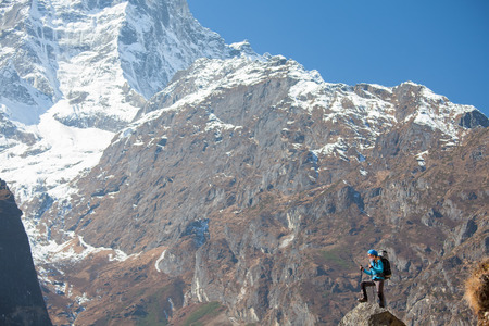 Hiker on the trek in Himalayas, Khumbu valley, Nepalの写真素材