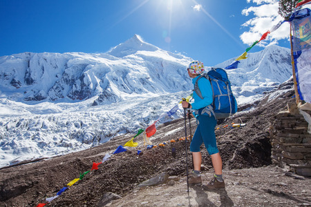 Hiker on the trek in Himalayas, Manaslu region, Nepalの写真素材