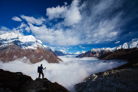 Hiker on the trek in Himalayas, Manaslu region, Nepalの写真素材