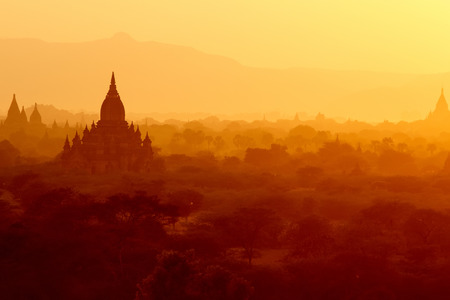 Buddhist temples in Bagan at sunset, Myanmarの写真素材