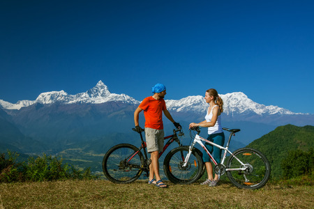 Biker family in Himalaya mountains, Anapurna regionの写真素材