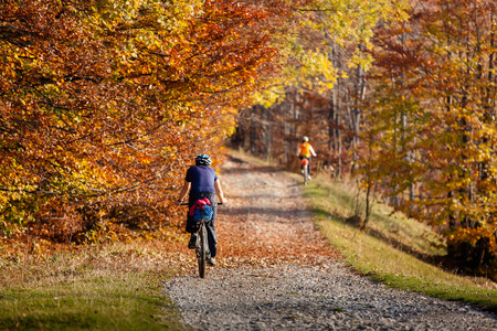 Mountain biker in autumn forestの写真素材