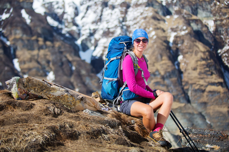 Hiker on the trek in Himalayas, Annapurna valley, Nepalの写真素材