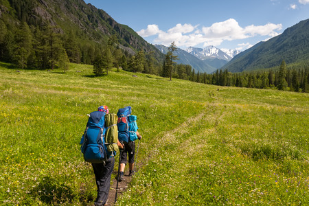 Young people are hiking in highlands of Altai mountains, Russiaの写真素材