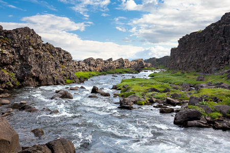 Thingvellir - rift valley in Iceland where North American and Eurasian Plates moves in opposite directionsの素材 [FY31066098158]