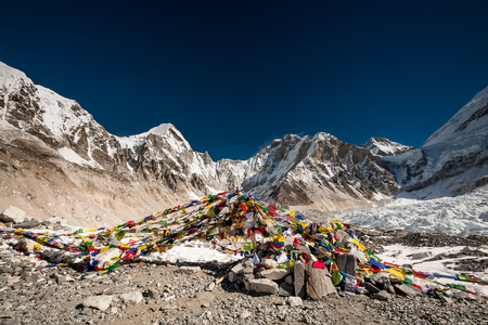 Buddhist praying flags in Everest base campの写真素材
