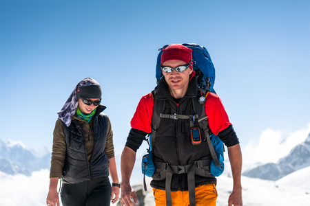 Trekkers in Khumbu valley on a way to Everest Base campの写真素材