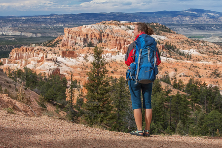 Hiker visits Bryce canyon National park in Utah, USAの写真素材