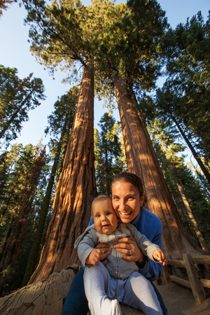 Mother with infant visit Sequoia national park in California, USAの写真素材