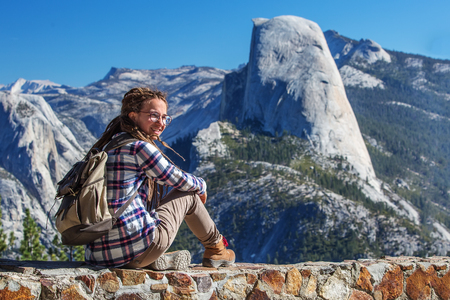 Hiker visit Yosemite national park in Californiaの写真素材